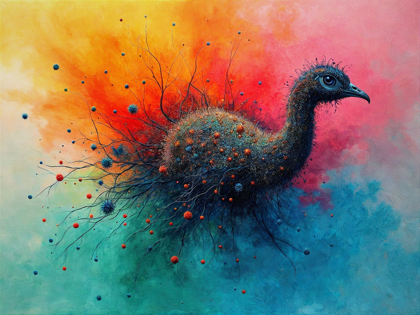 Surreal Painting of a Peacock-like Bird in Colorful Swirl
