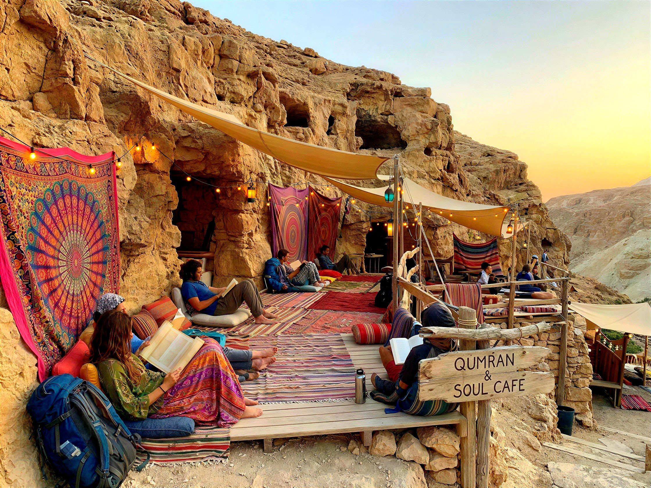 Bohemian Cafe in Rock Face at Sunset with Decor