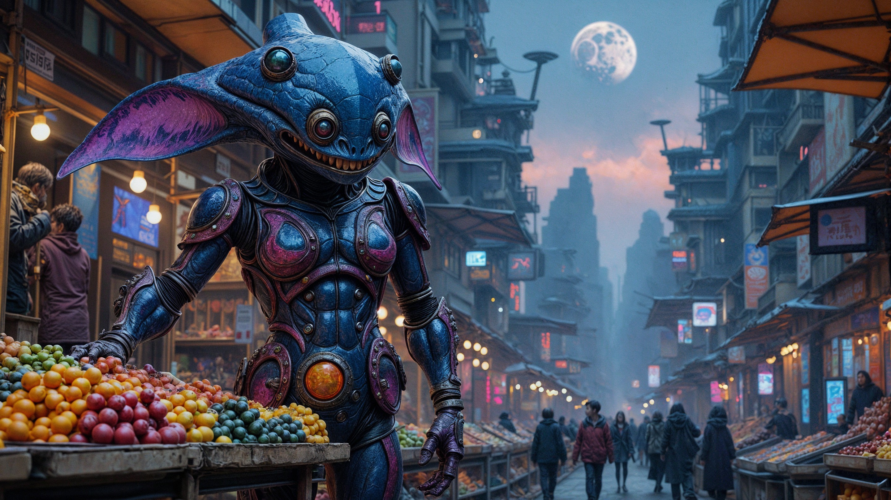 Market Scene with Alien Creature Under Moonlit Sky