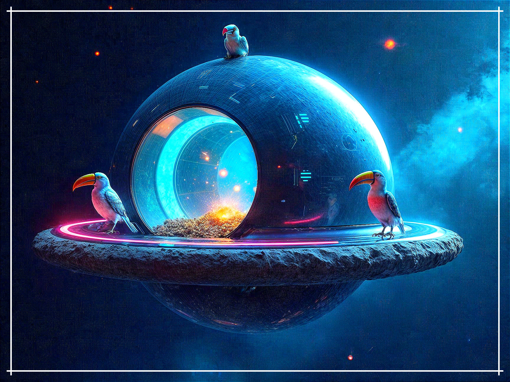 Surreal Futuristic Planet with Colorful Toucans