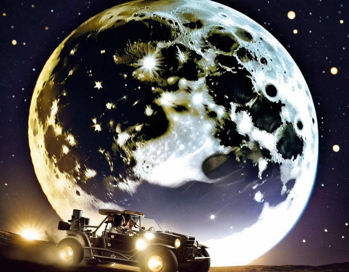 Vintage Car in Surreal Landscape Under Full Moon