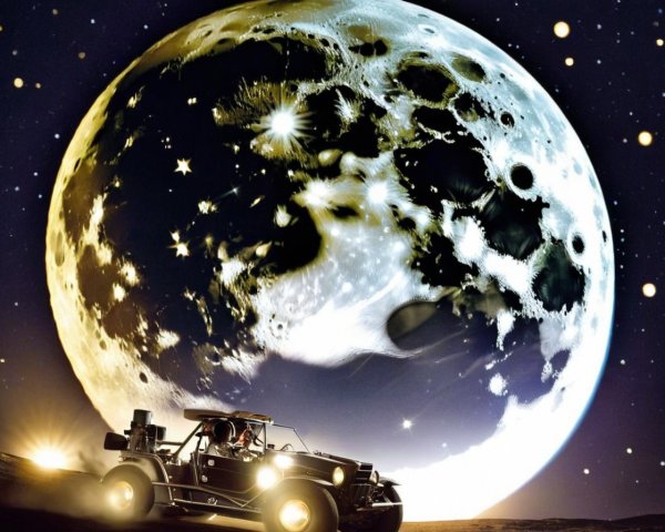 Vintage Car in Surreal Landscape Under Full Moon