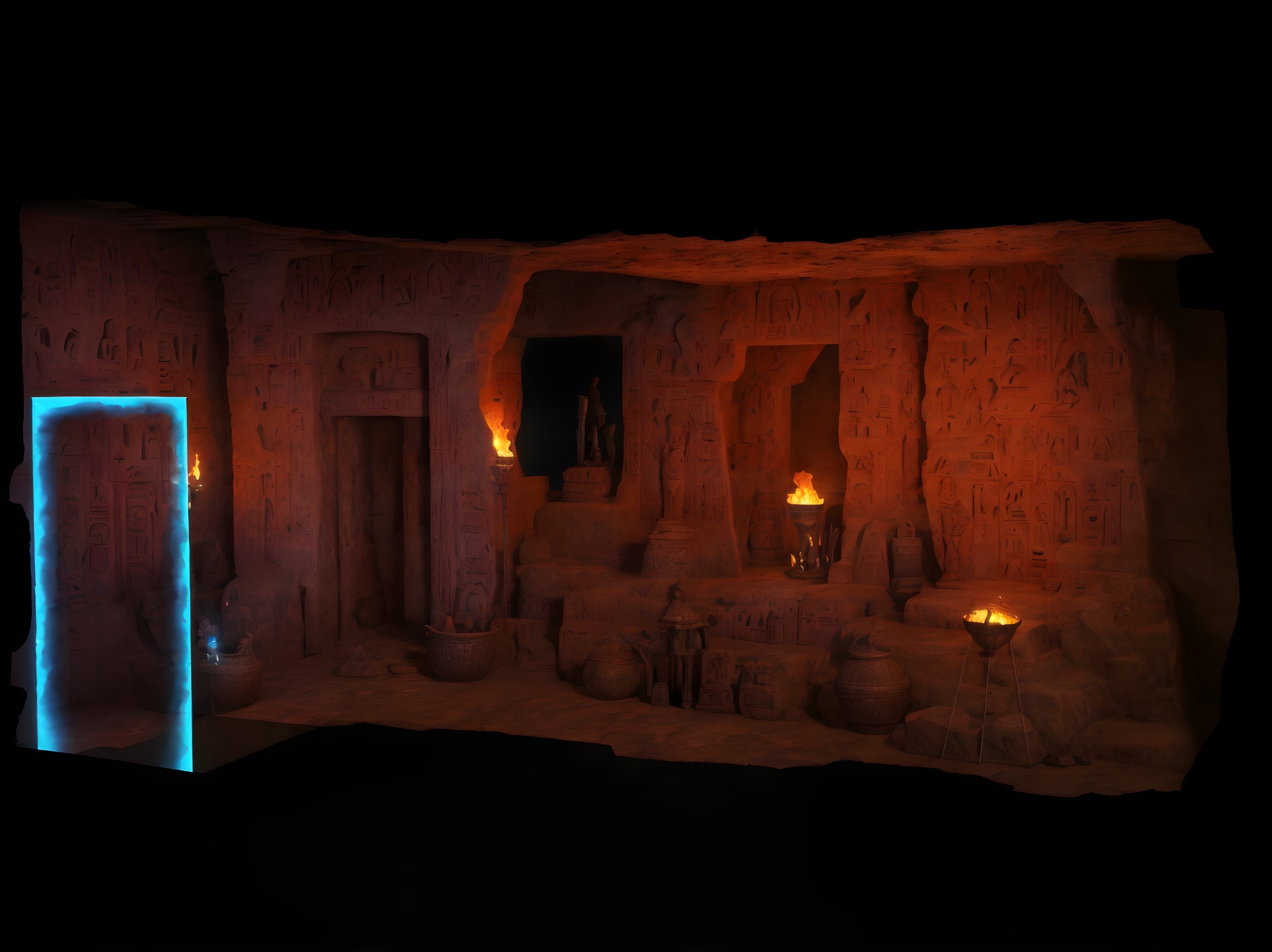 Ancient Egyptian tomb interior with hieroglyphs, stone carvings, and torches