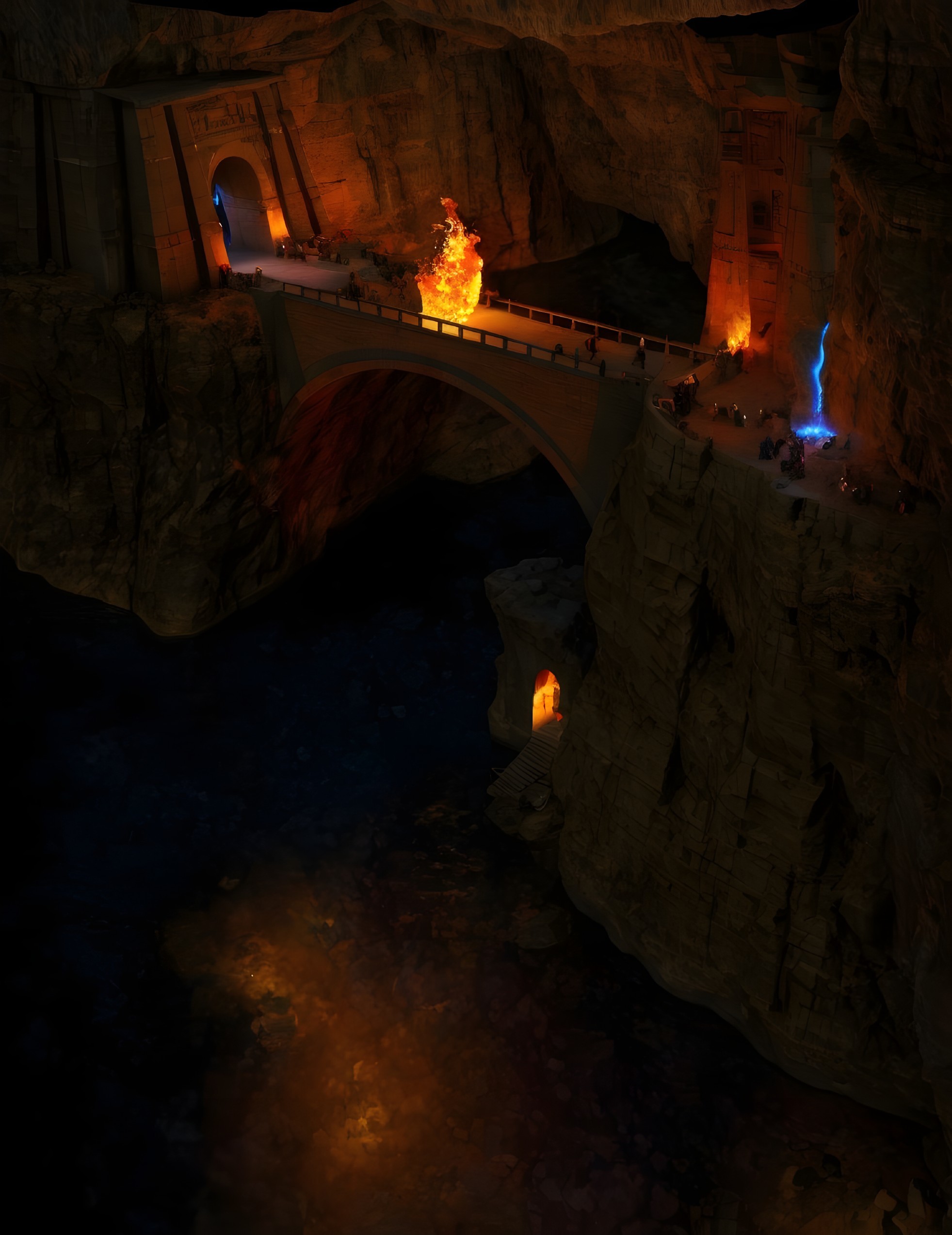 Fantasy cavern with arched bridge and colorful flames