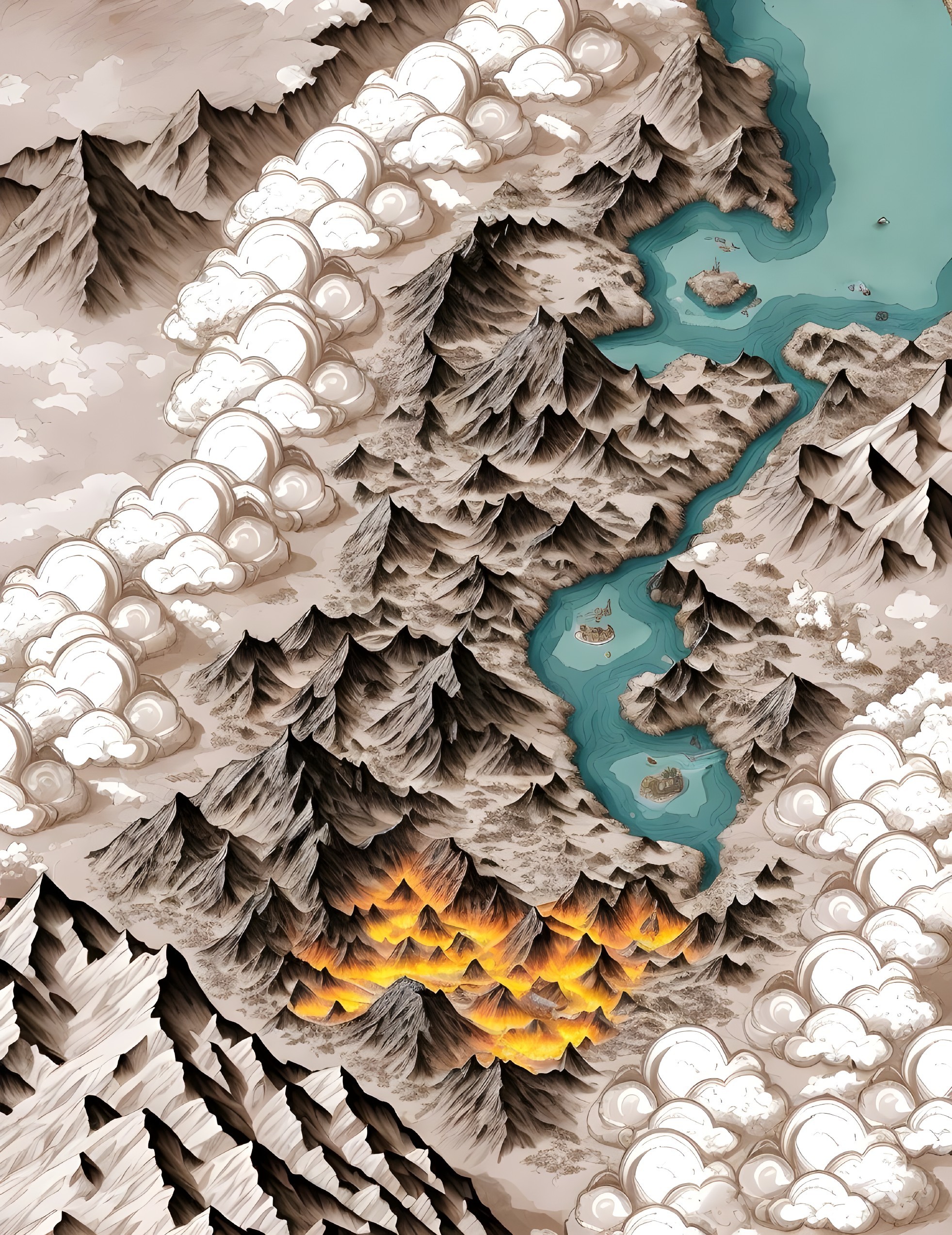 Top-down view of stylized landscape: mountains, river, lake, clouds, wildfire.