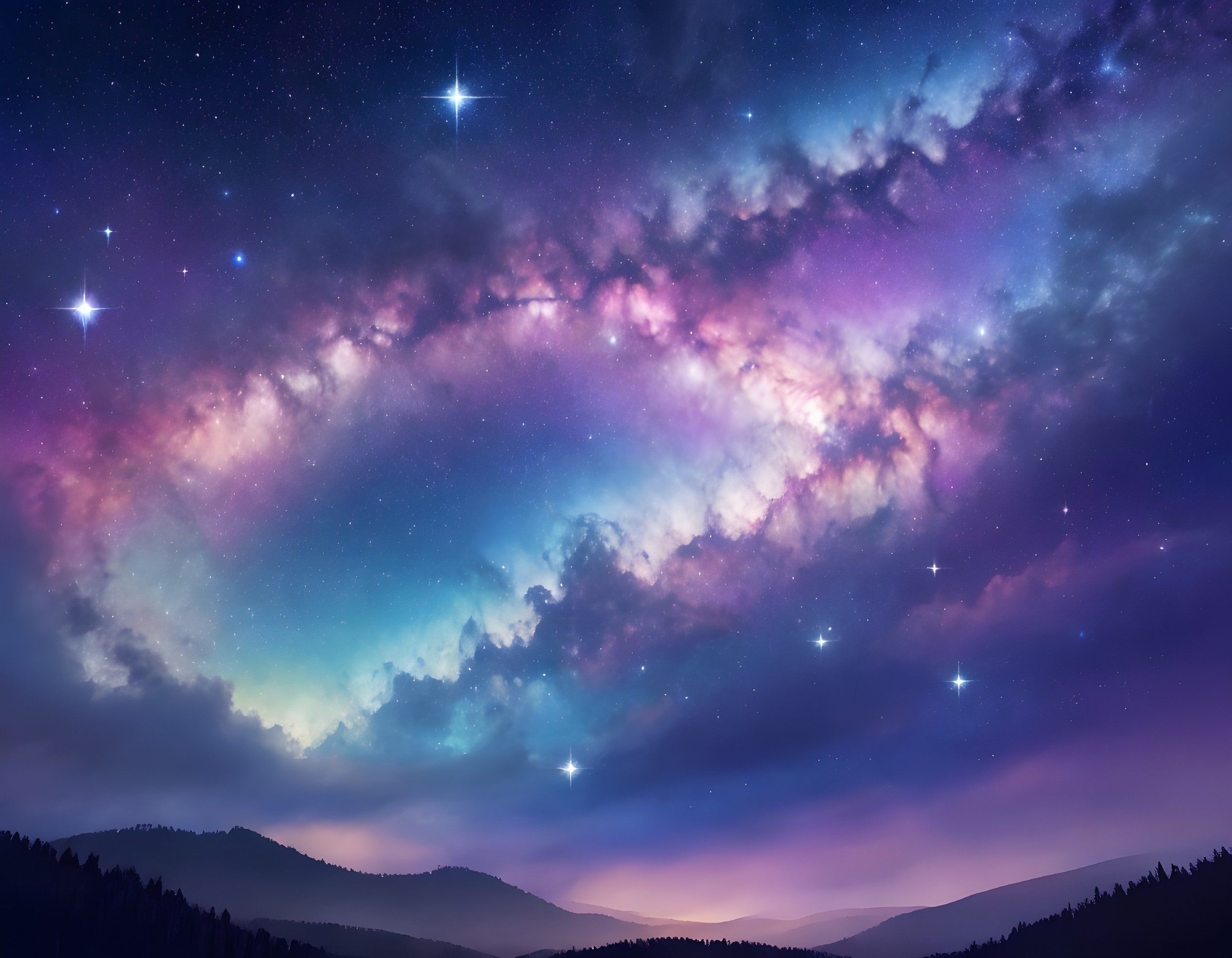 Colorful nebulae and twinkling stars over forested horizon