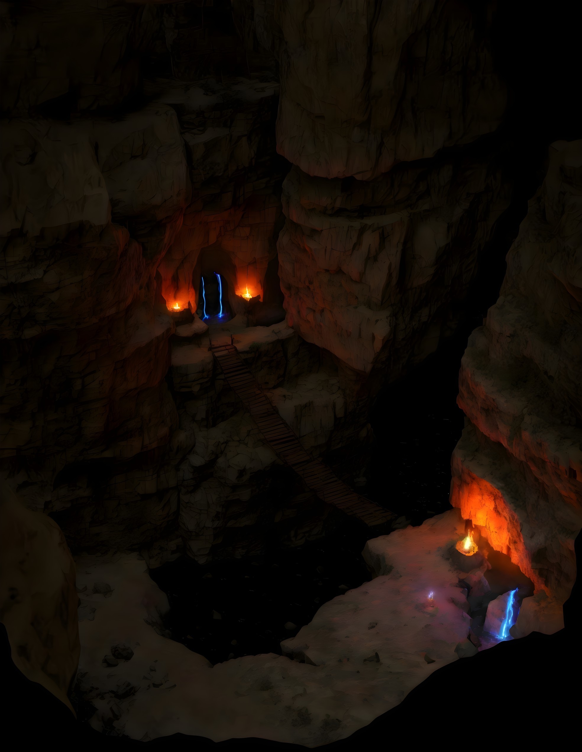 Dimly Lit Cavern with Rope Bridge & Glowing Crystals