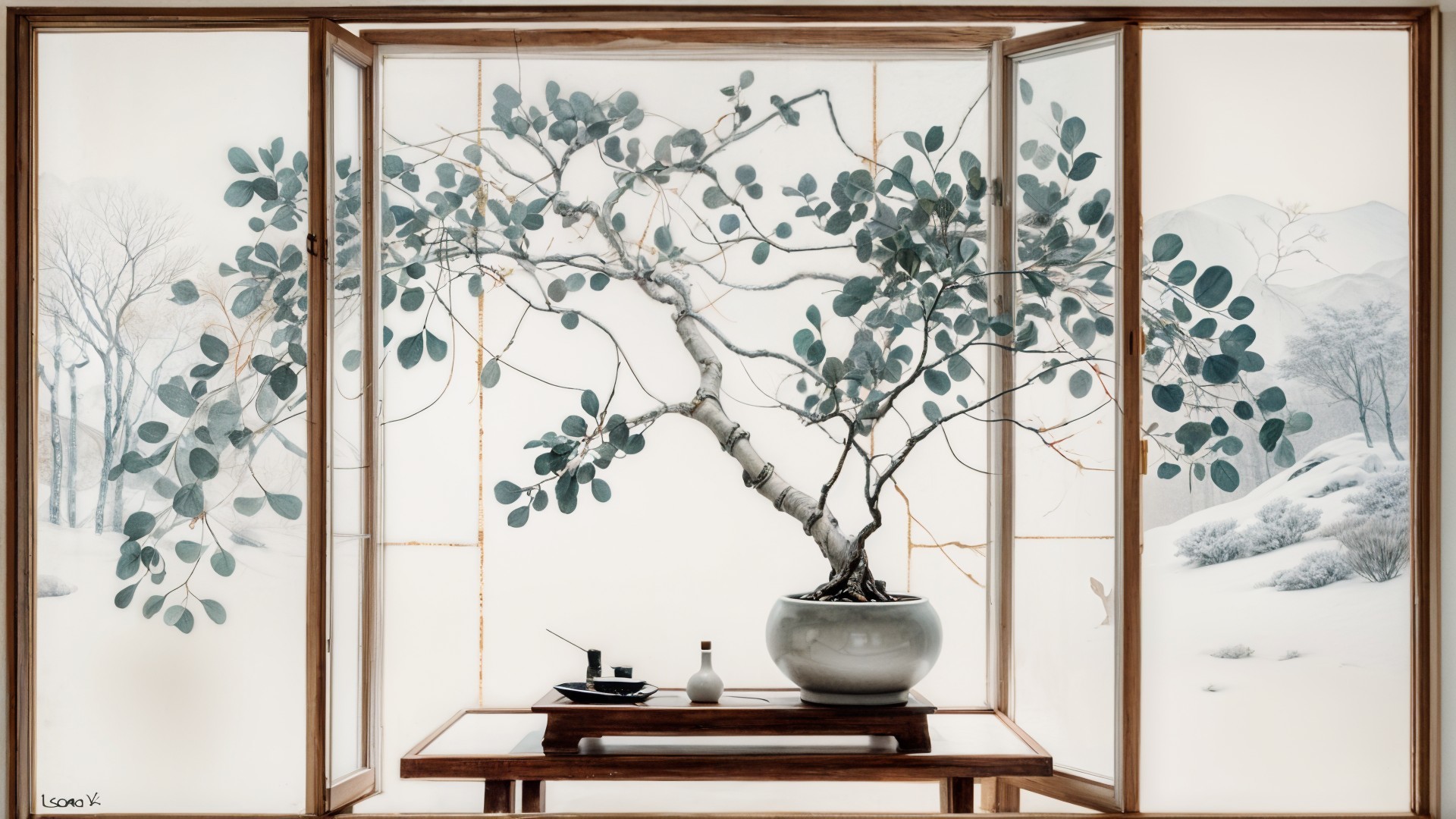 Serene Interior with Bonsai Tree and Cultural Elements