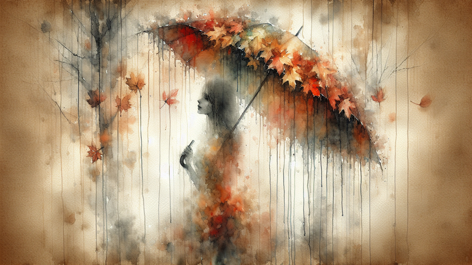 Watercolor Painting of Woman with Autumn Leaves Umbrella