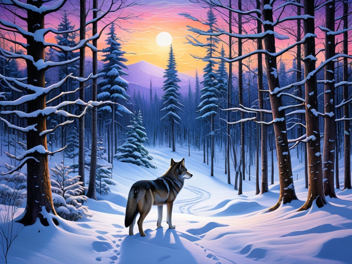 Winter Landscape with Wolf in Snowy Forest