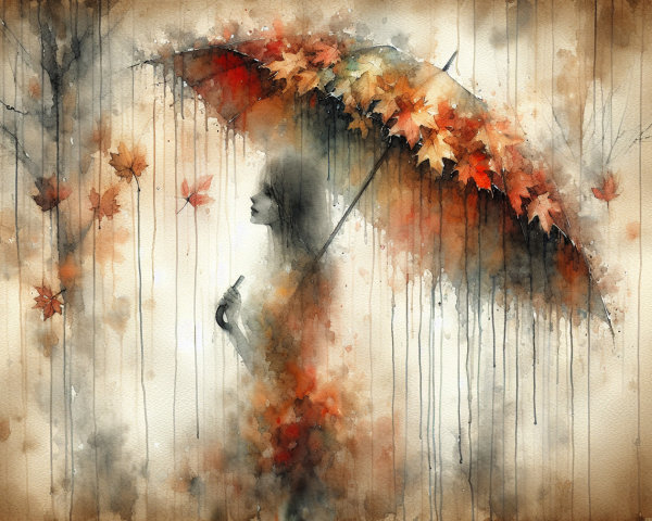 Watercolor Painting of Woman with Autumn Leaves Umbrella