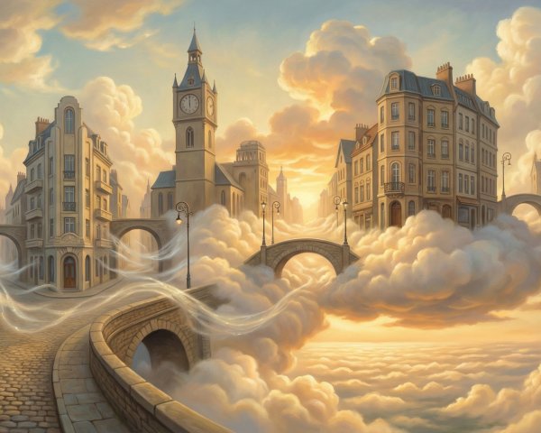 Fantasy Cityscape with European Architecture and Clouds