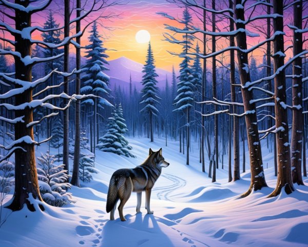 Winter Landscape with Wolf in Snowy Forest
