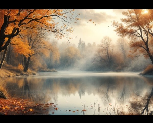 Tranquil Autumn Scene at a Misty Lake with Foliage