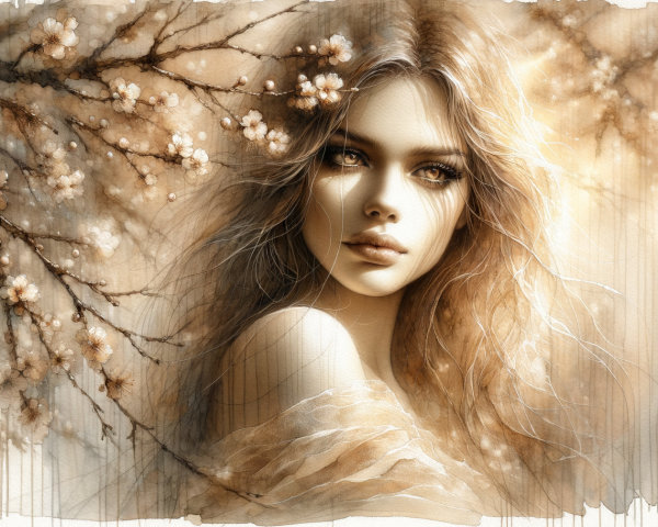 Portrait of a Young Woman Amid Cherry Blossoms