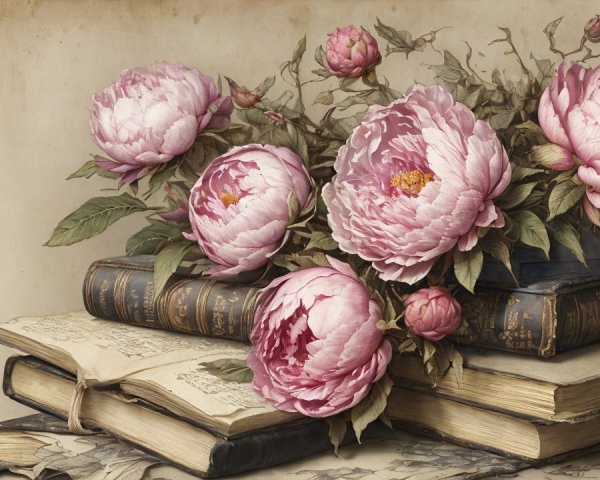 Vibrant Pink Peonies on Aged Leather-Bound Books