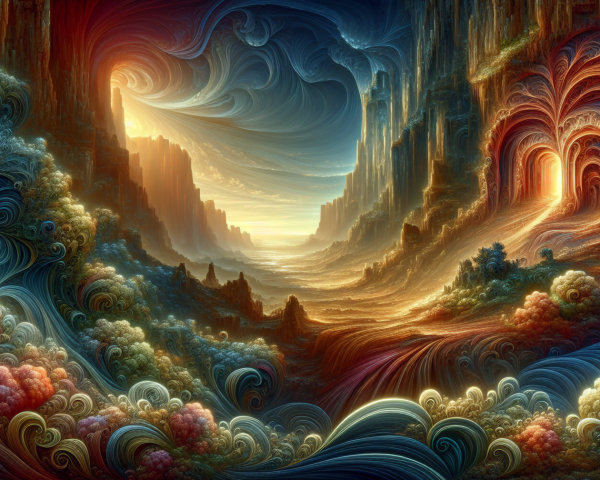 Swirling Colorful Landscape with Cliffs and Valleys