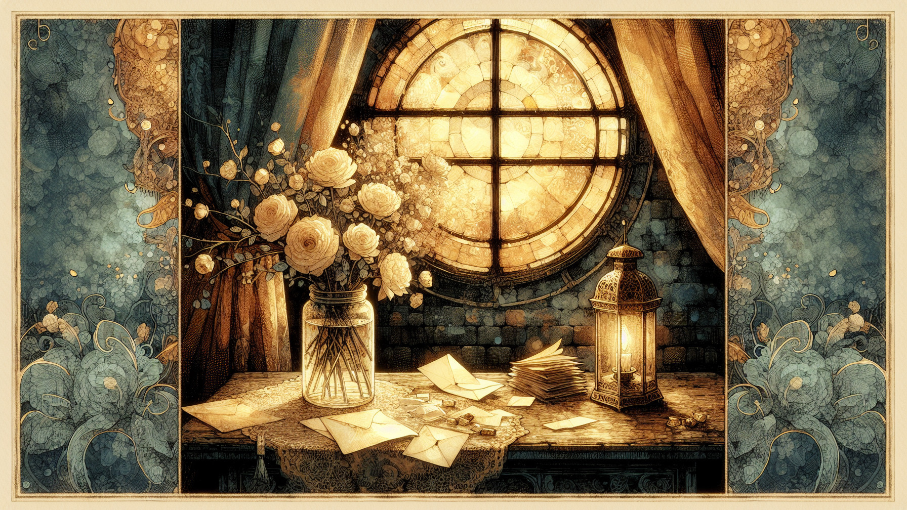 Cozy Scene with Roses, Lantern, and Stained Glass Window