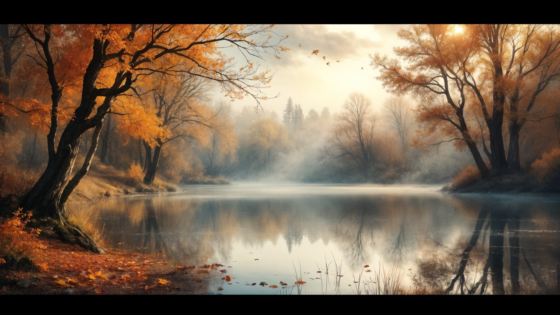 Tranquil Autumn Scene at a Misty Lake with Foliage