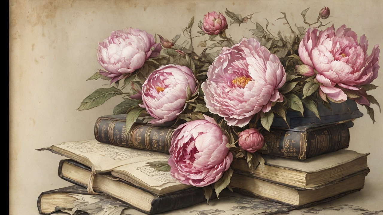 Vibrant Pink Peonies on Aged Leather-Bound Books