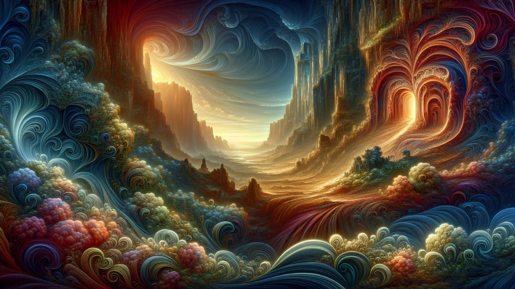 Swirling Colorful Landscape with Cliffs and Valleys