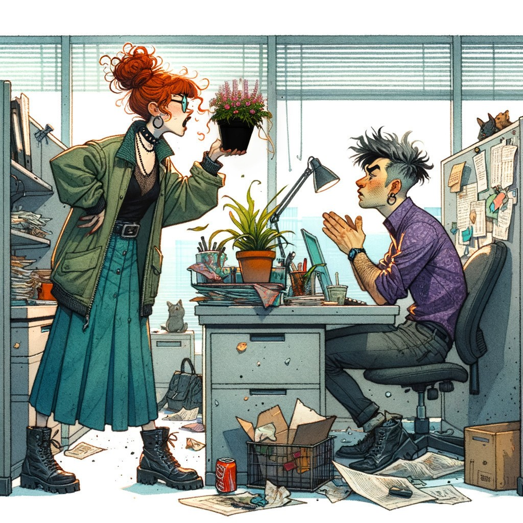 Office Scene with Animated Discussion and City View