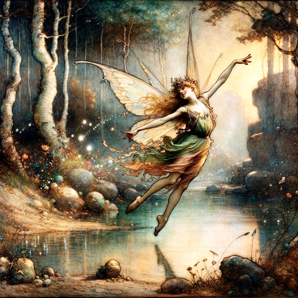 Fairy Dancing by a Serene Pond in a Lush Forest