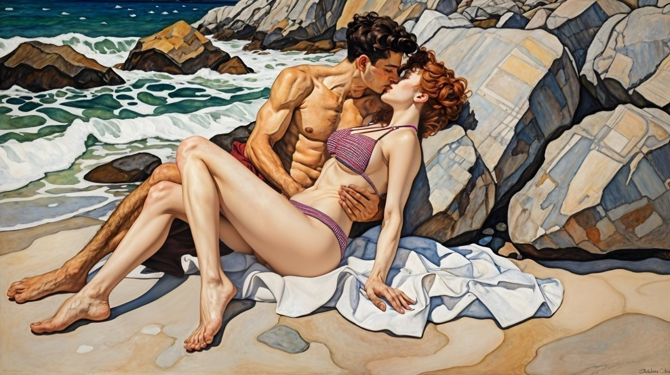 Couple Embracing on Sandy Beach with Ocean View