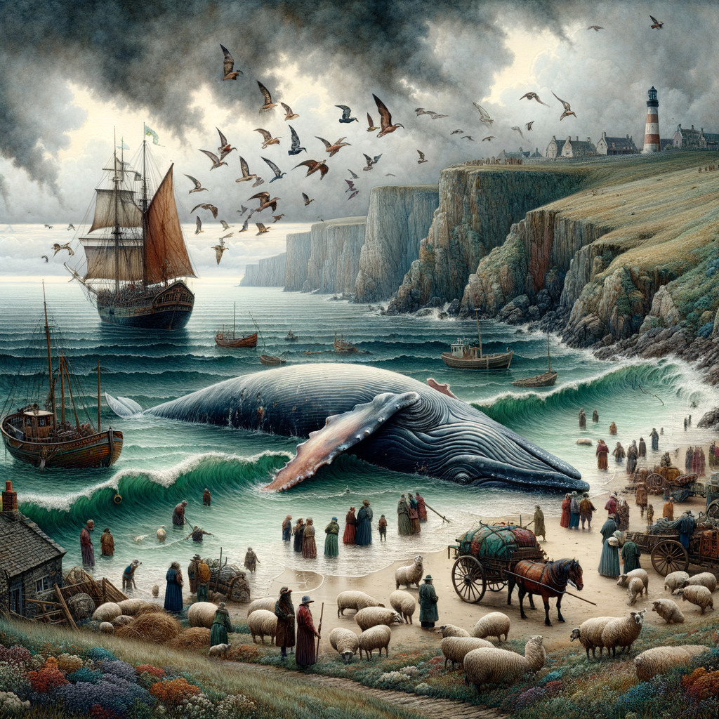 Whale Stranded on Shore with Villagers and Boats