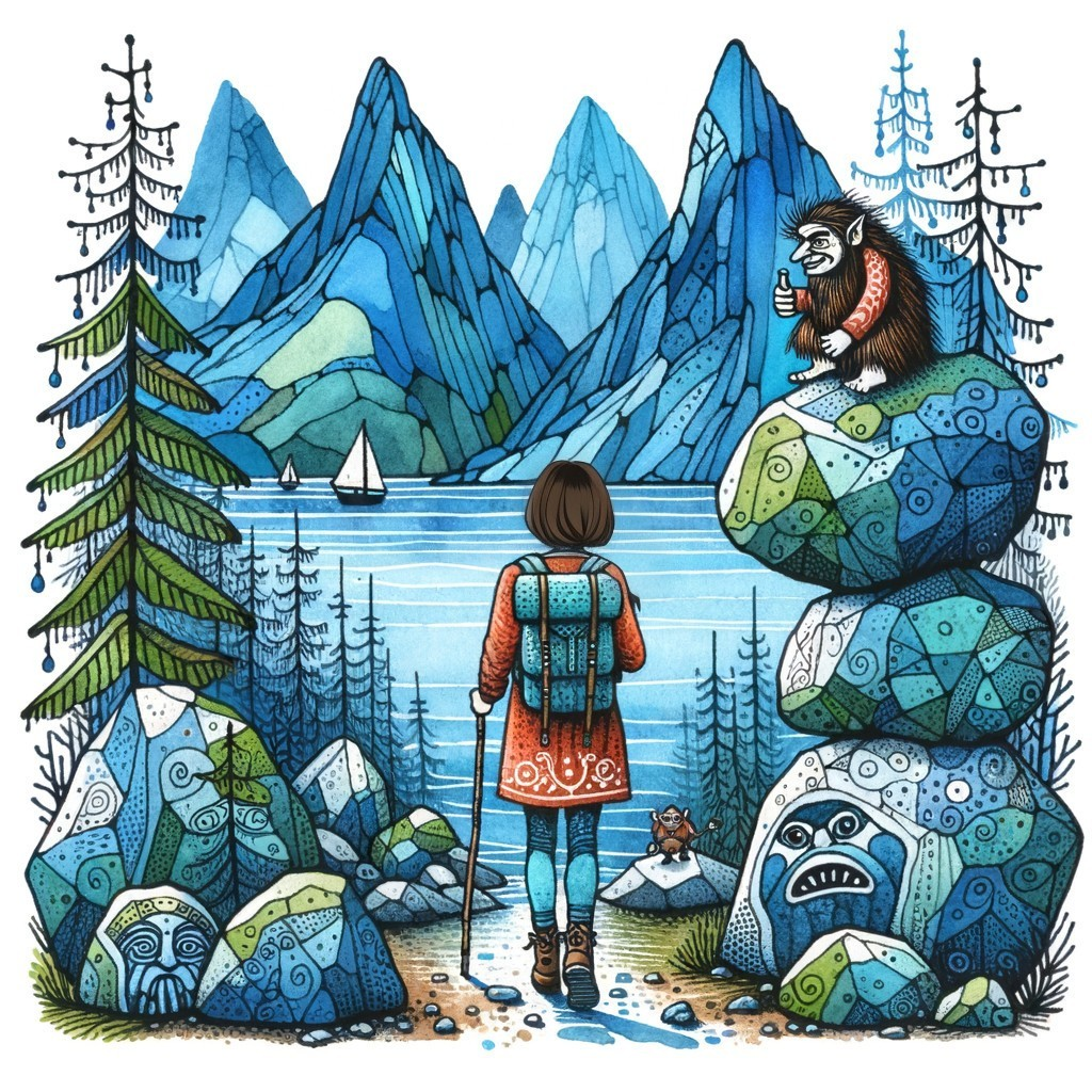 Whimsical Hiker and Colorful Creature by Serene Lake