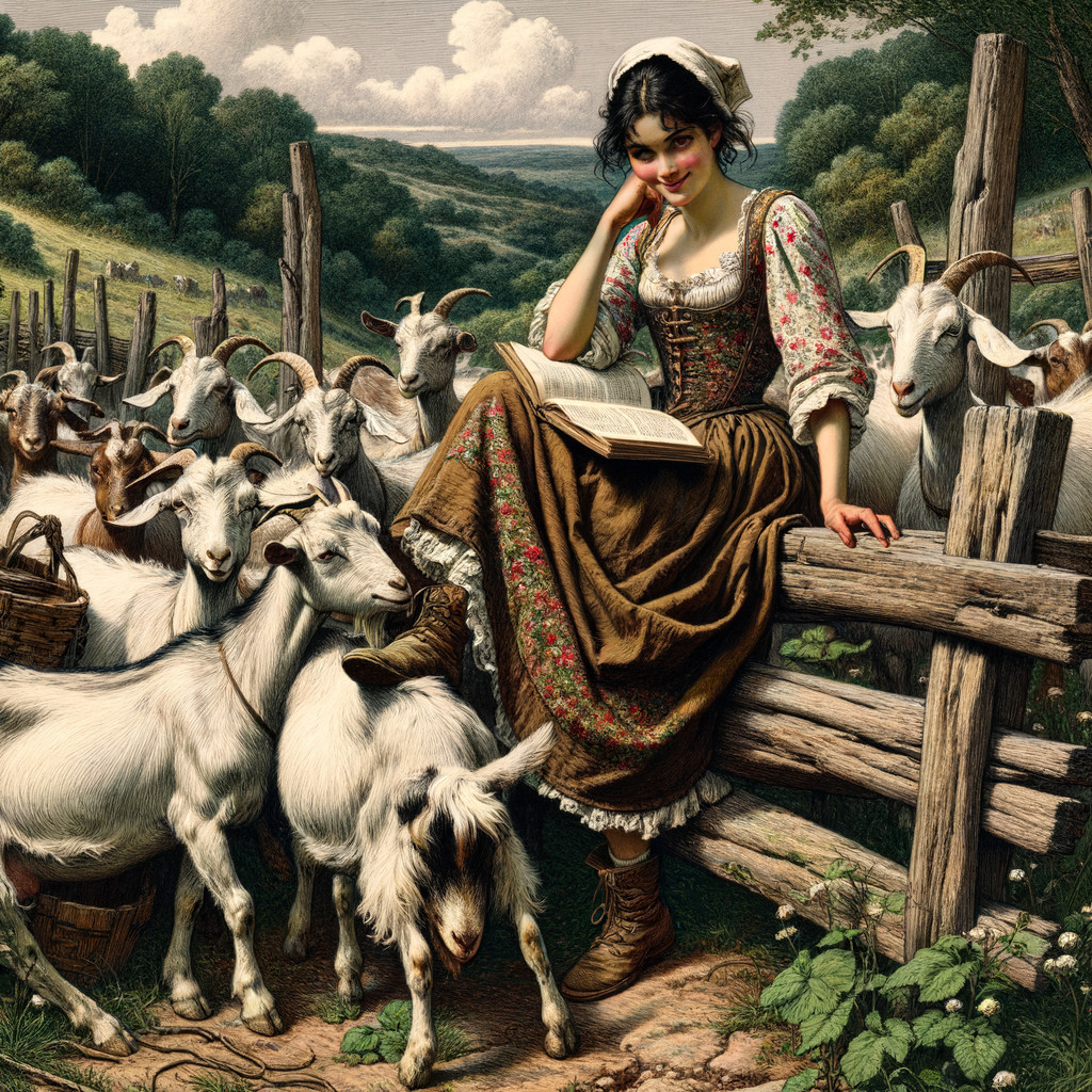 Young Woman Reading on Fence with Goats in Countryside