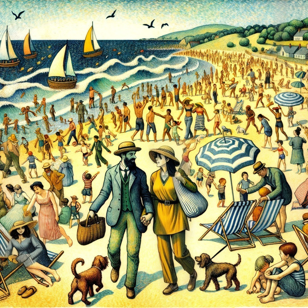 Vibrant Beach Scene with Sunbathers and Activities