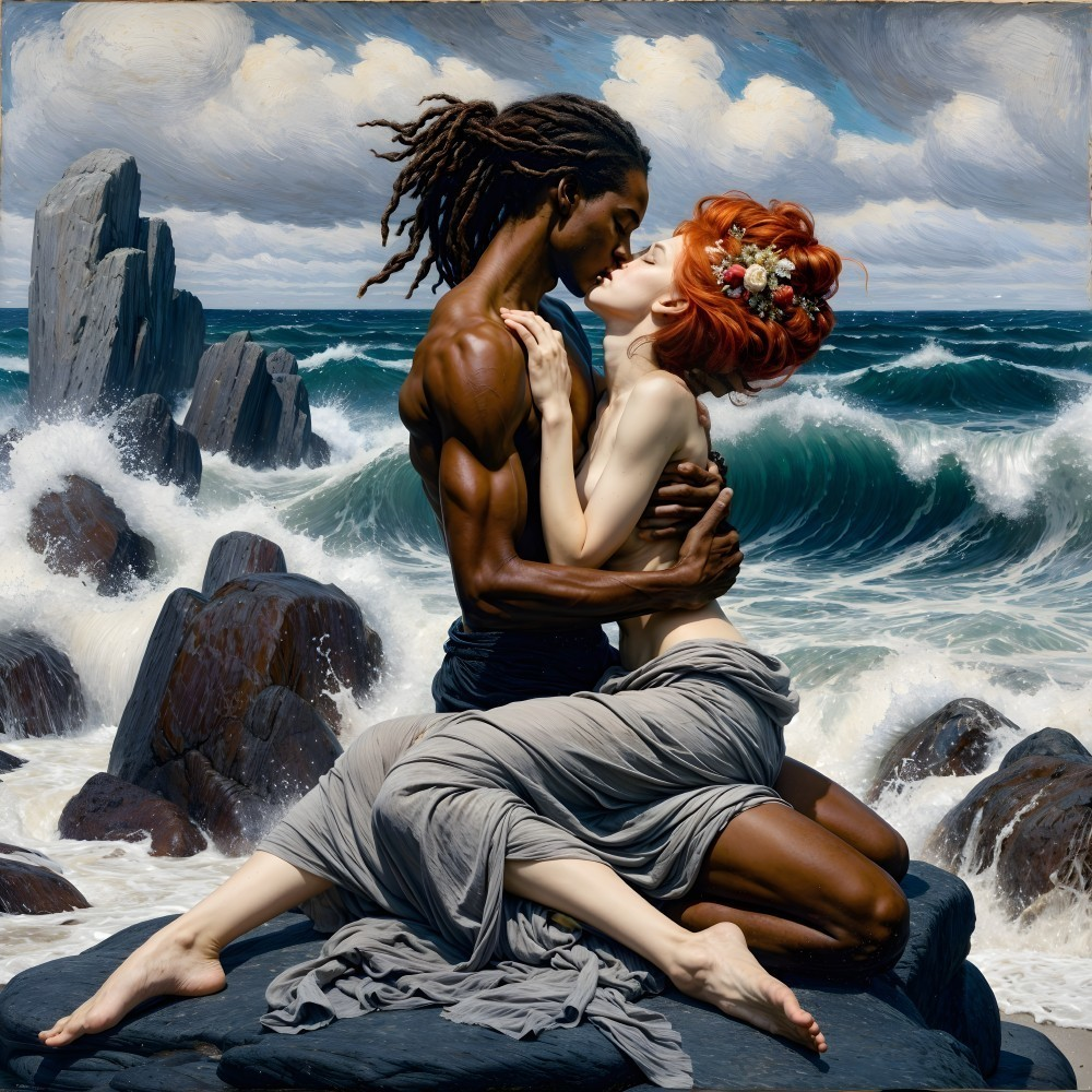 Couple Embracing at Ocean's Edge Amidst Waves