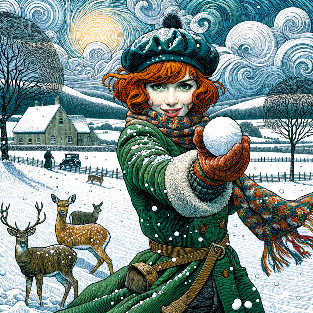 Vibrant Winter Scene with Young Woman and Snowy Landscape