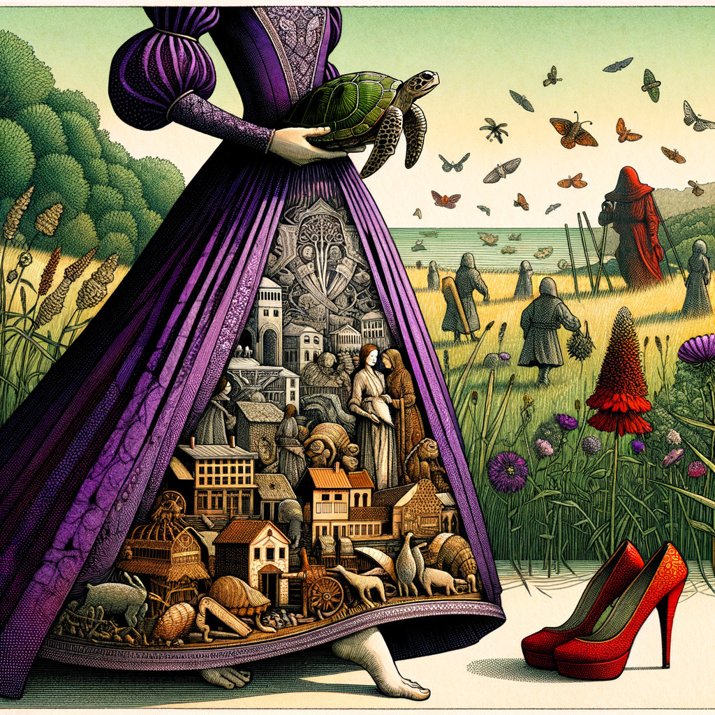 Woman in Purple Dress with Turtle in Sunny Landscape