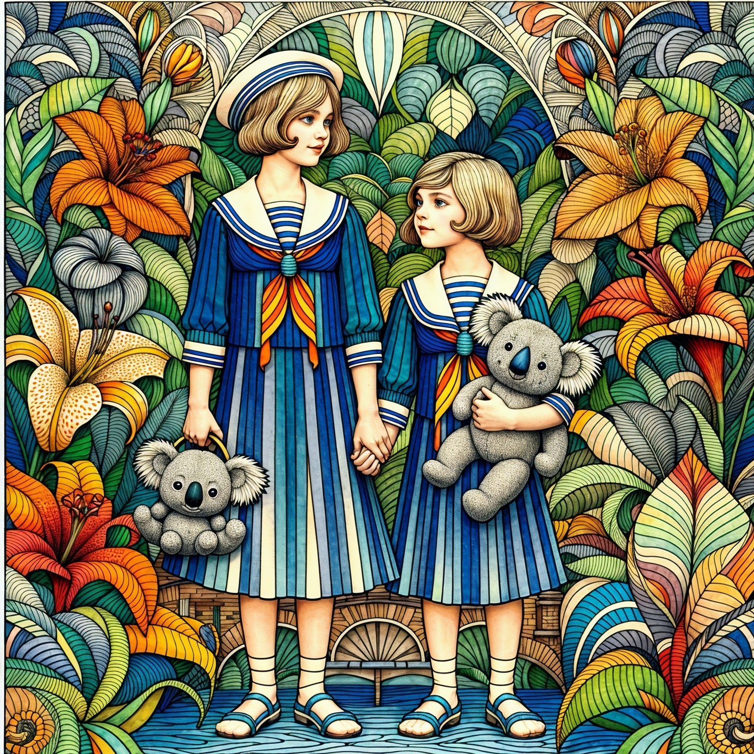 Girls in Striped Sailor Dresses with Plush Koalas