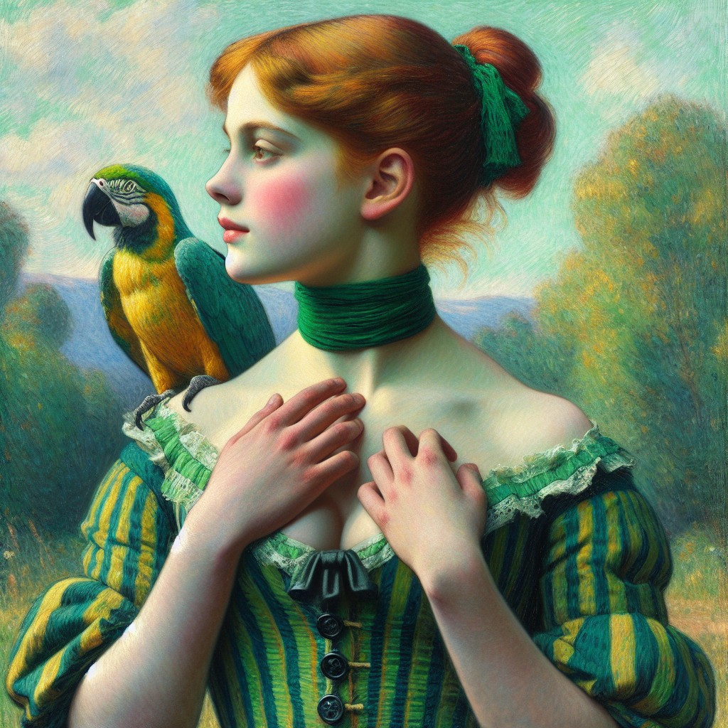 Young woman with red hair and parrot in serene landscape