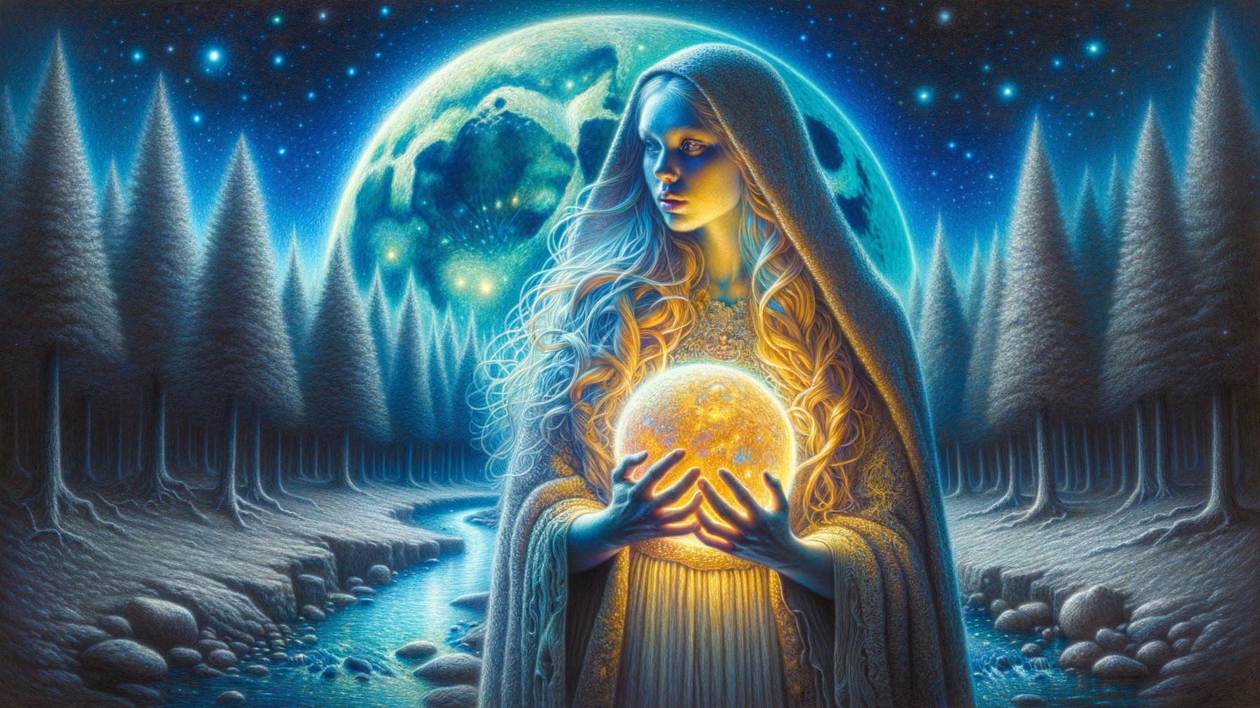 Mystical Figure in Serene Landscape with Glowing Orb