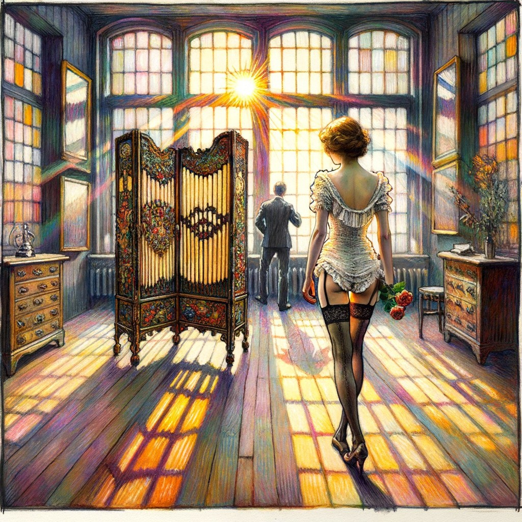 Sunlit Room with Vintage Lingerie and Formal Attire