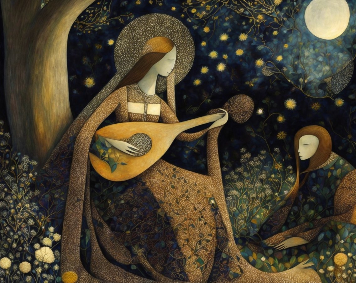 Moonlit Scene of a Lute Player and Captivated Listener