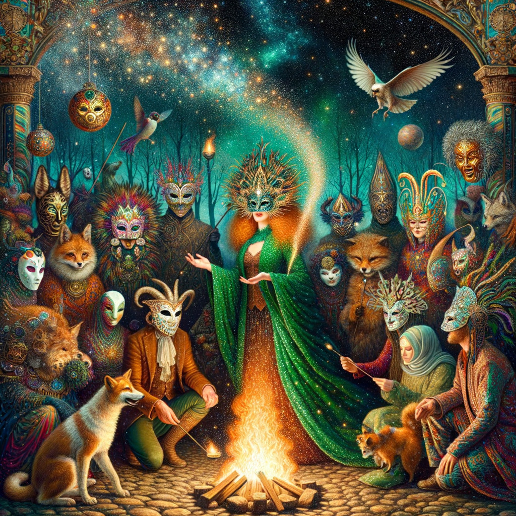 Mystical Gathering Around Campfire in Starry Forest