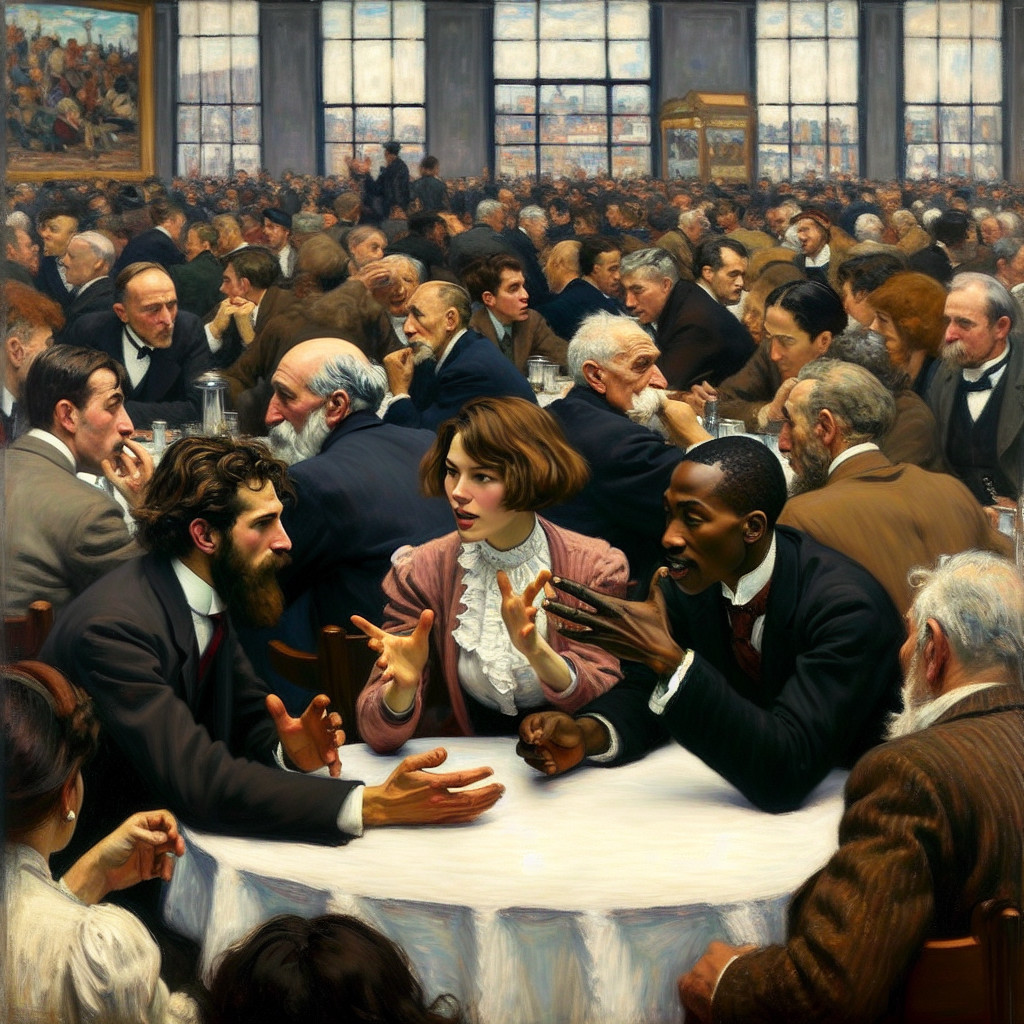 Grand Dining Hall Filled with Engaged Conversations