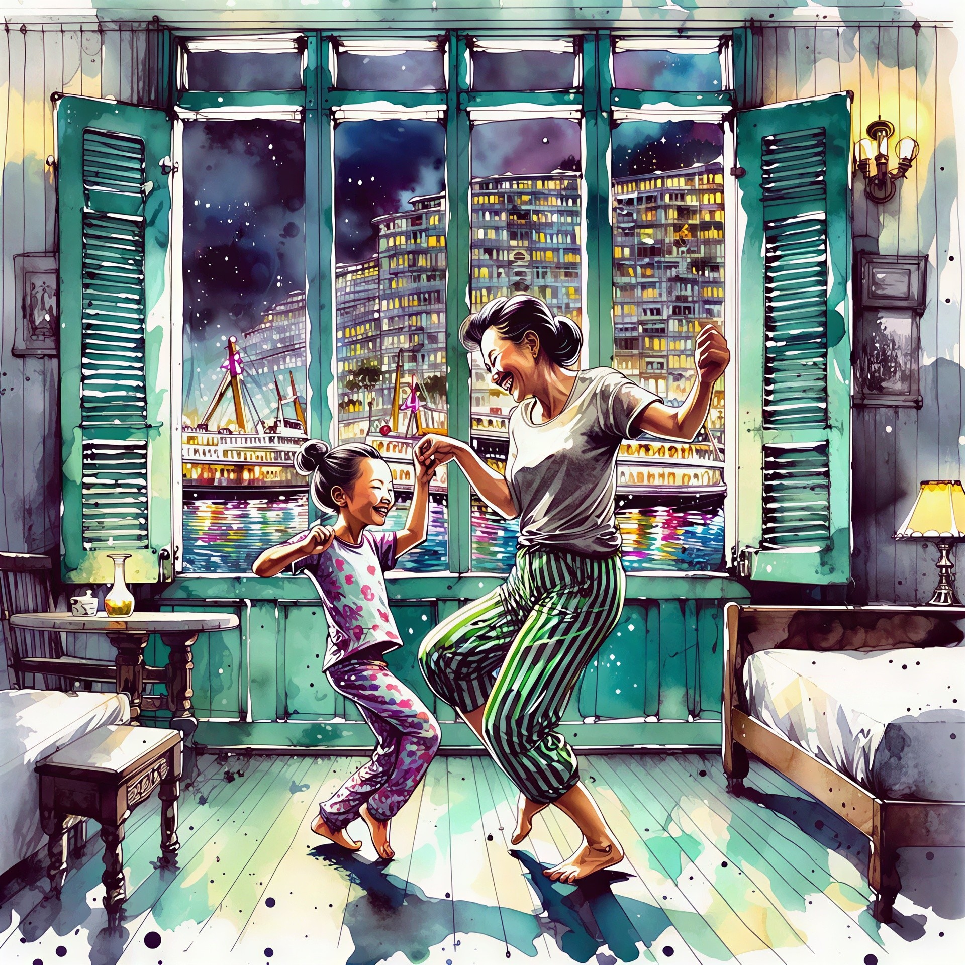 Watercolor Painting of Mother and Daughter Dancing