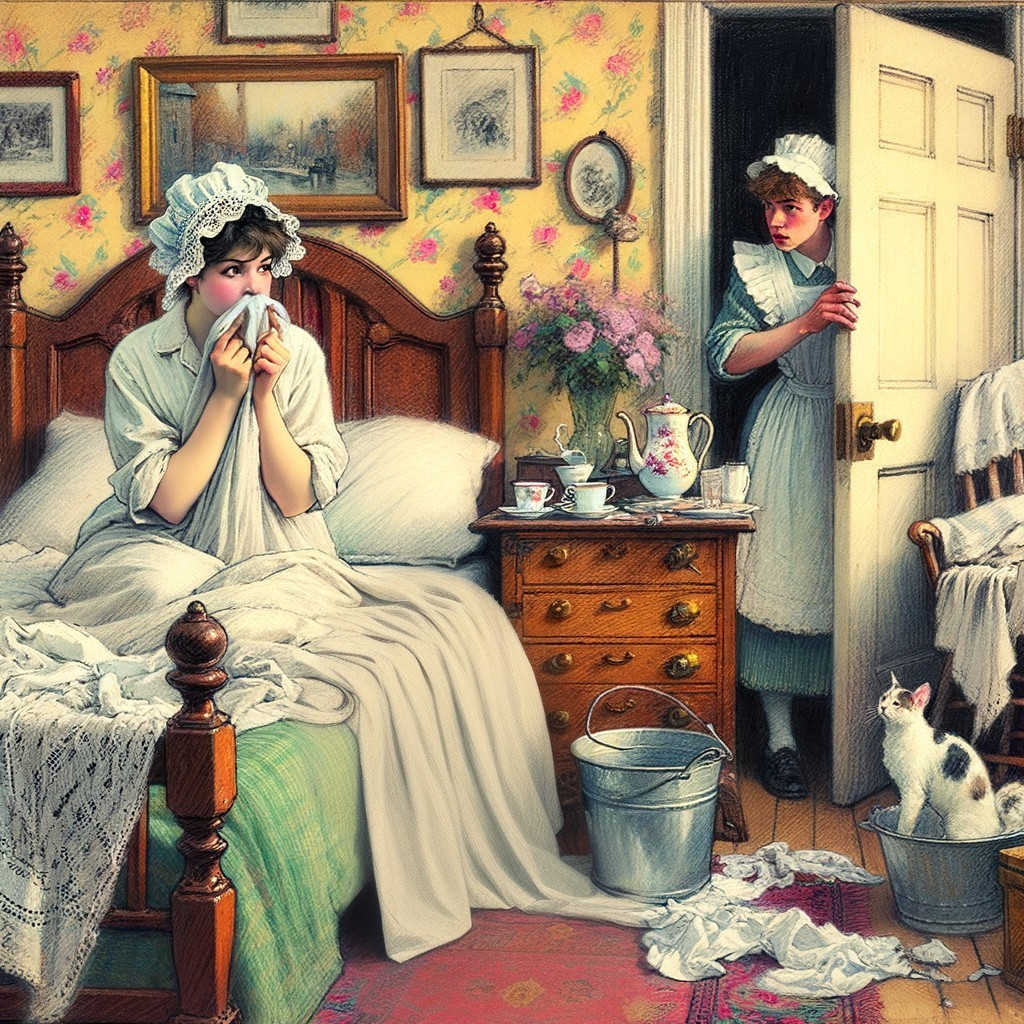 Vintage Bedroom Scene with Woman, Maid, and Cat