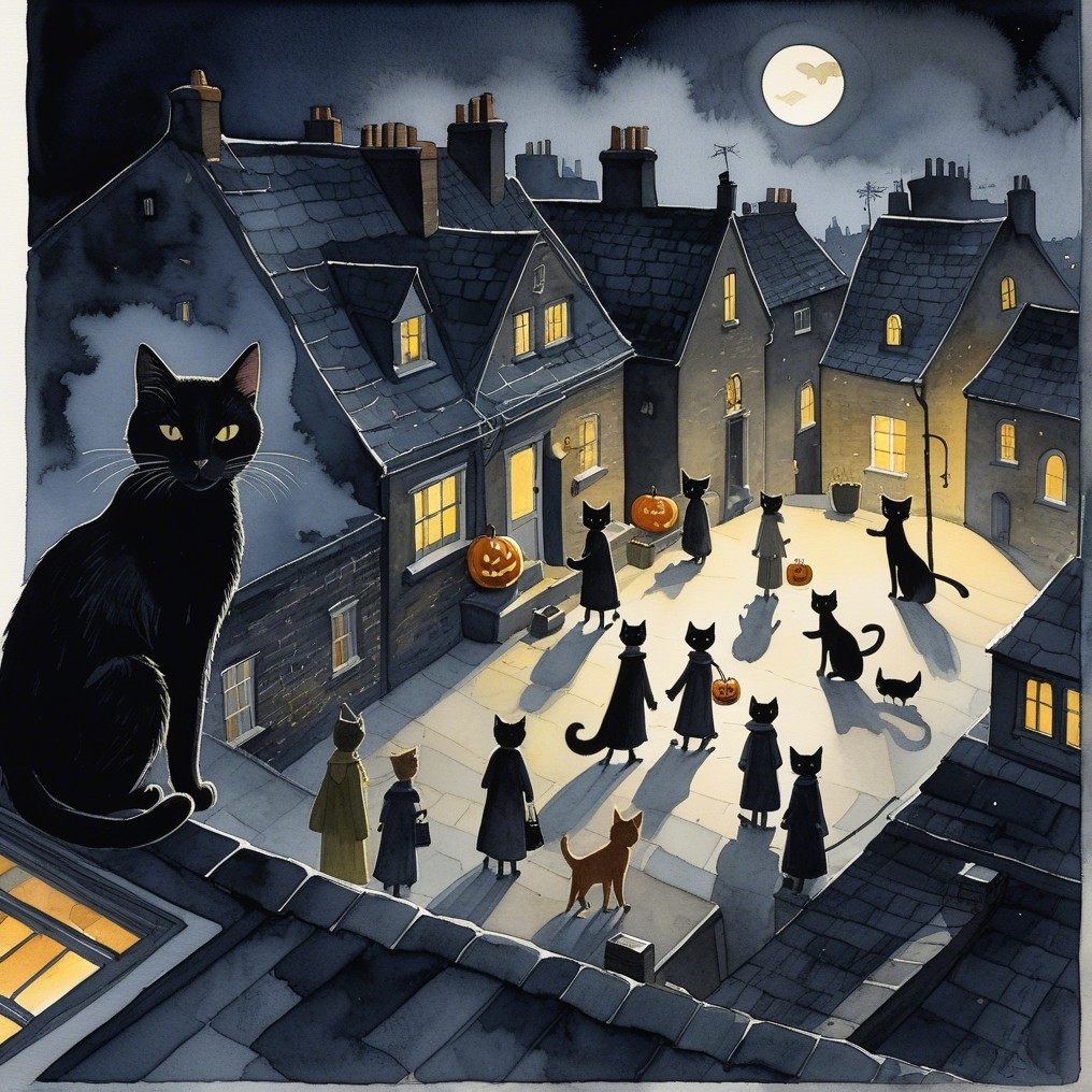 Moonlit Village Gathering with Shadowy Figures and Cats