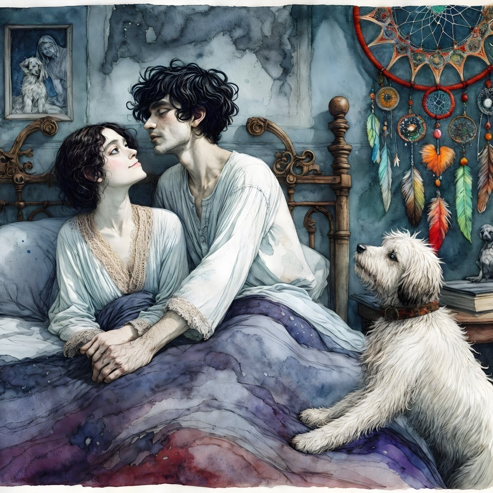 Cozy Bedroom Scene with Couple and Fluffy Dog