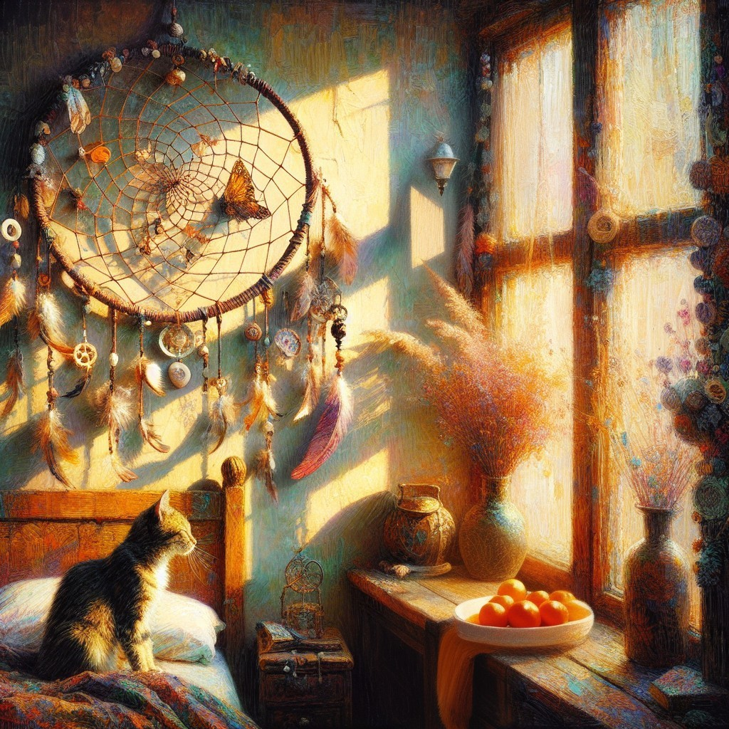 Cozy Sunlit Room with Cat and Dreamcatchers