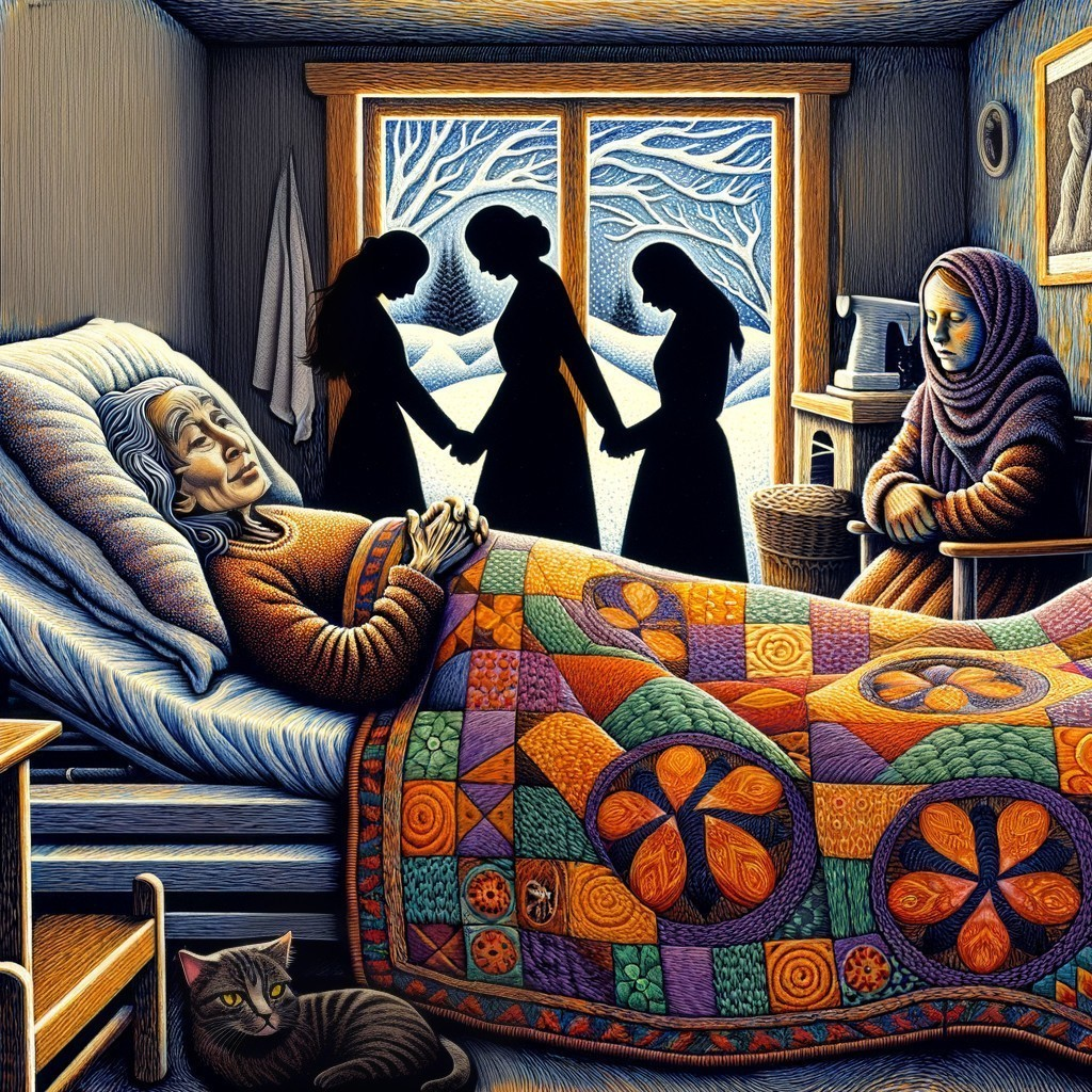 Elderly Woman in Bed with Colorful Quilt and Companions