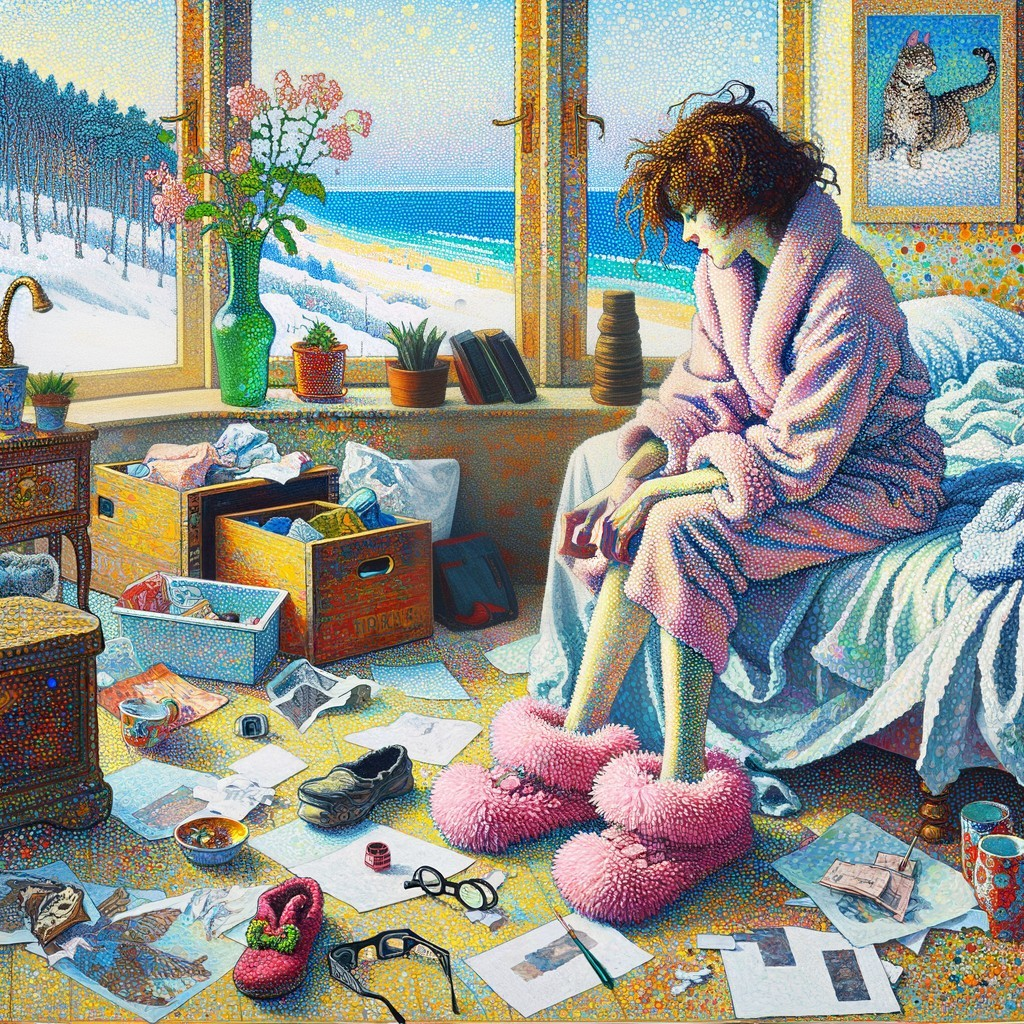 Pointillism Depiction of a Messy Room and Woman