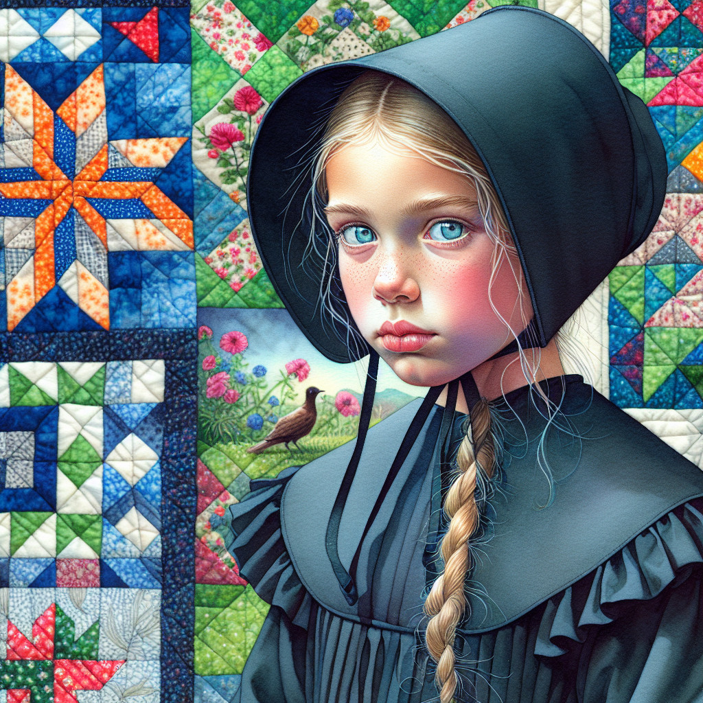 Young girl in traditional dress with vibrant quilt backdrop